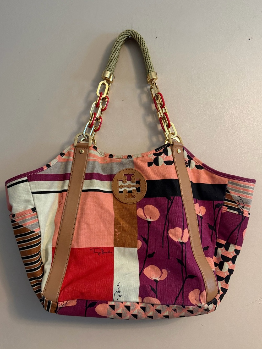 Tory Burch Multicolor Floral Patchwork Tote with Chain-Accent Handle